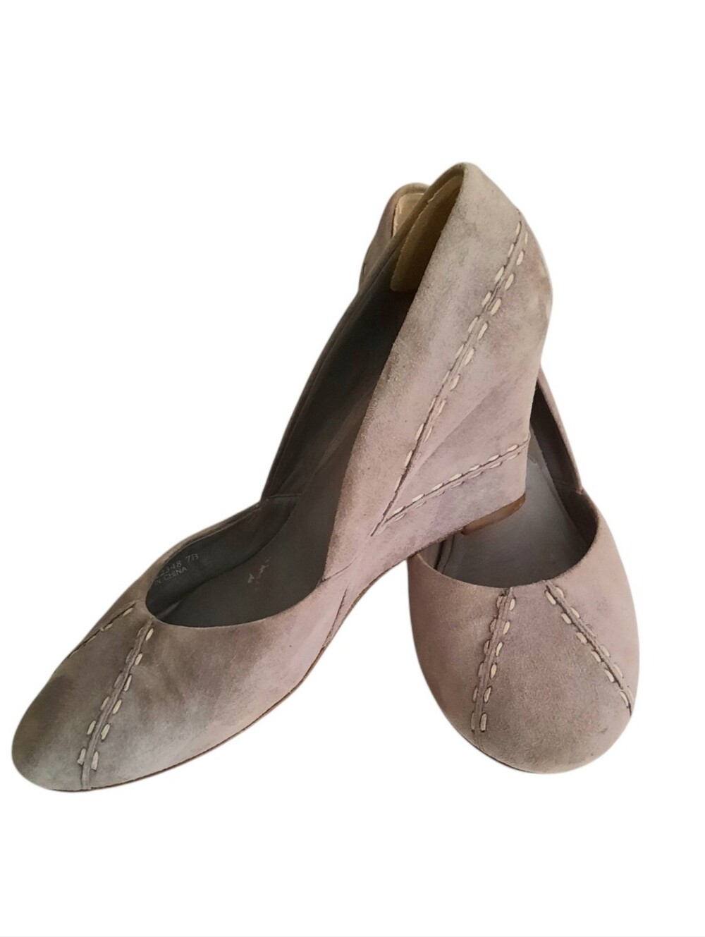 COLE HAAN Grey Suede Wedge Slip-On Pumps w/Contrast Stitch Detail Sz 7B